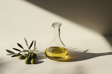 Olive oil in elegant decanter with fresh green olives and soft shadows