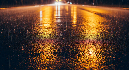 Low-angle view of wet asphalt with golden light reflection, creating a blurred effect, suggesting urban night scene and rainy, atmospheric mood