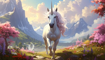 Majestic white unicorn with flowing pink mane gallops through a vibrant, dreamlike landscape of blooming flowers and mountains.