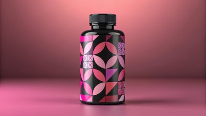 Black supplement bottle with pink geometric label design mockup