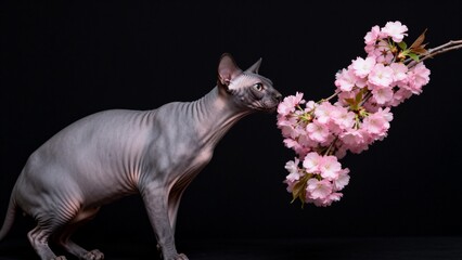 Hairless cat sniffing pink flowers