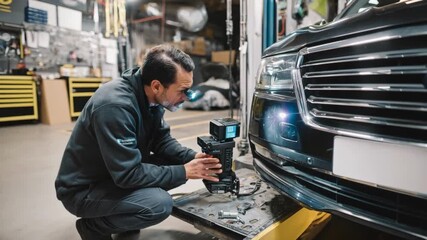 Medium shot of a mechanic performing precise ADAS system calibration on a vehicle optimizing automated safety features for enhanced driving support