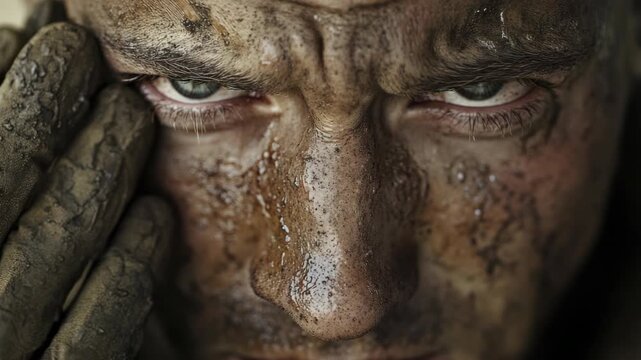 A man with a serious expression has mud on his face and hands.