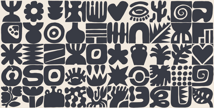 Organic shapes set in kids naive art style. Abstract geometric vector forms inspired by cut paper collage. Playful elements for patterns, templates, stickers, promo design, web, social media graphics.