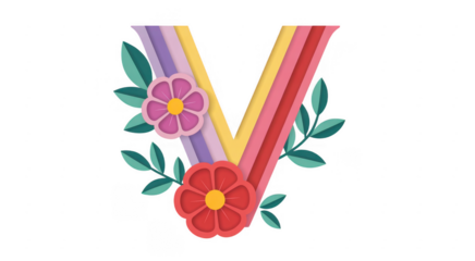 Colorful Letter V with Flowers and Leaves stripes isolated on a transparent background