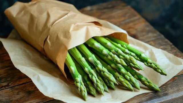 A bunch of fresh asparagus sitting on a brown paper bag. The asparagus is green and ready to eat with its tips pointing upwards.