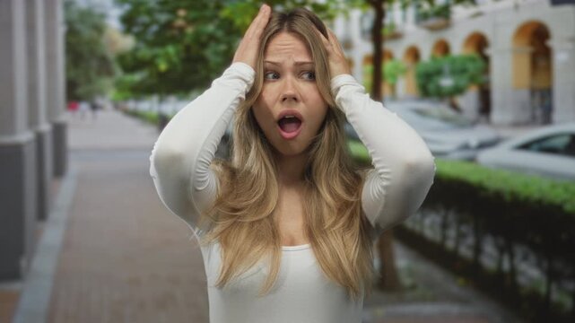 Blonde woman raises open palms on bustling city sidewalk with parked cars and hedges; surprise confusion shock bewilderment.