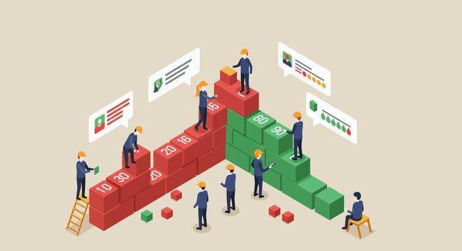business progress team builds a data-driven success ladder strategically achieving goals measuring performance and optimizing corporate growth.
