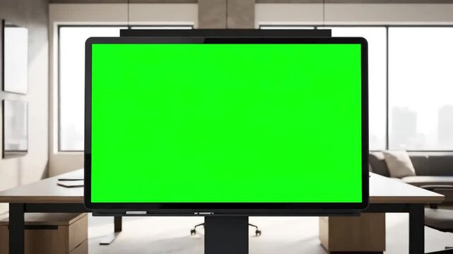 Empty Workspace with female project manager holds meeting presentation for a team of developers she shows green screen interactive whiteboard device business planning concept young people work in