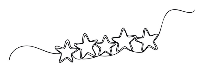 Continuous line drawing of five stars symbolizing toptier quality, excellent service, and outstanding achievements, ideal for enhancing marketing materials or customer feedback interfaces.