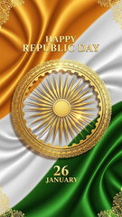 Luxury Republic Day Poster with Gold-Embossed Ashoka Chakra on Tricolor Silk Background