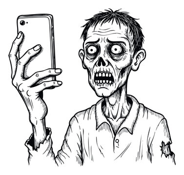 Horror comic style black and white drawing of a shocking zombie taking a selfie with a smartphone, perfect for Halloween, spooky events, or scary themed designs.