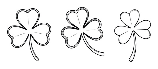 Stylized black shamrock outlines symbolizing luck and Irish culture are ideal for holiday themed celebrations, party invitations, or cultural event materials.