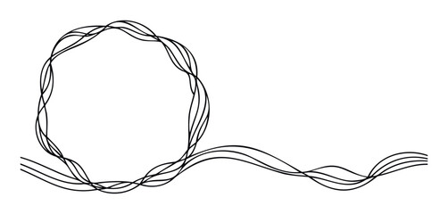 Abstract minimalist black lines forming a dynamic wavy circular frame and continuous flowing stream creating a modern graphic for various contemporary print and digital media uses