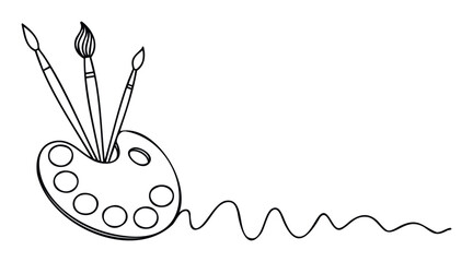 Minimalist outline graphic featuring an artists palette with three paintbrushes and a flowing wavy line, ideal for educational resources, craft invitations, or creative studio branding.