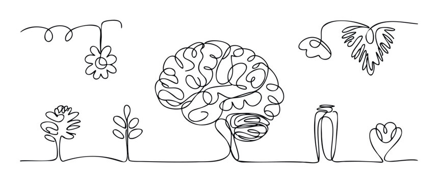 Continuous line drawing depicting a human brain surrounded by various natural elements and symbols like a flower, trees, a bottle, and a heart, suitable for mental health awareness