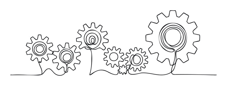 Continuous line drawing of multiple gears of varying sizes connected by a single line representing teamwork efficiency and interconnected systems for technology and industrial applications