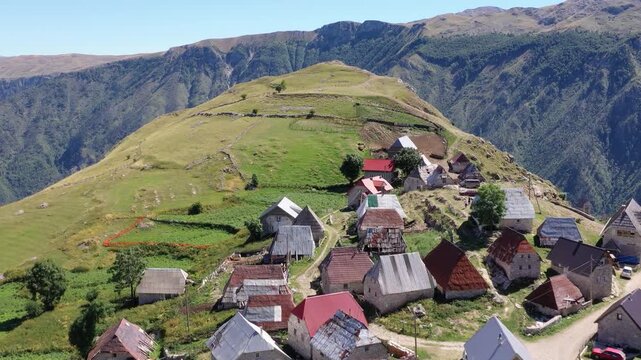 Mountain village and hills in Bosnia aerial panorama