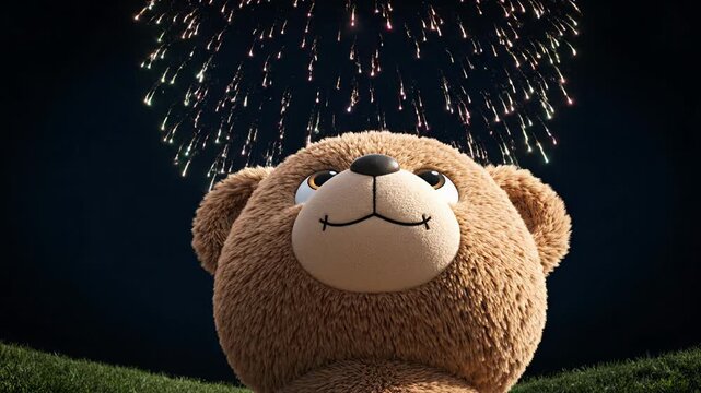 Surprised animated teddy bear watching bright fireworks exploding