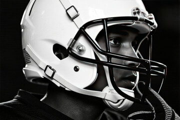 Closeup of football player wearing helmet