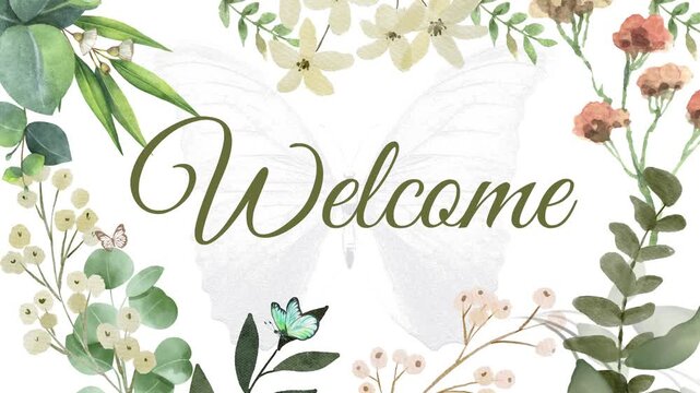 Welcome Animation with Flowers. The video is a digital rendering of an animation with a moving Welcome text with beautiful flowers background.