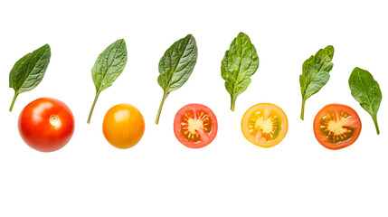 Vibrant tomatoes and spinach leaves Isolated on White background