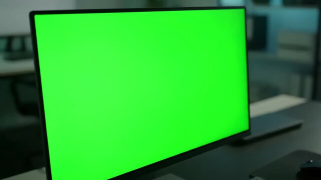 Future of Work with young man working at computer green mock up screen in office close desktop monitor chroma key display distortion, overlay, glitch, static noise, scan lines on black background, 4k