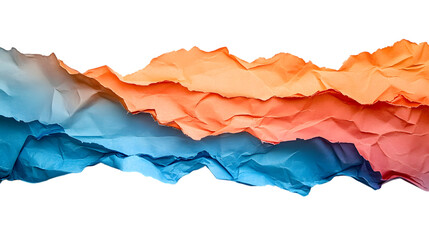 Vibrant crumpled paper layers in blue, orange hues Isolated on White background