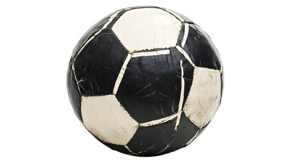 Vintage soccer ball with worn black and white panels Isolated on White background