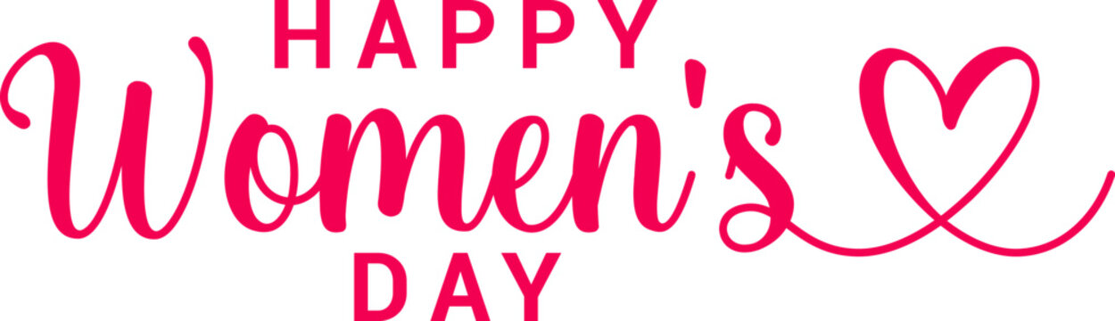 Happy Women's Day hand drawn lettering. Happy Women's Day script calligraphy With red Heart Free Vector .Red text isolated on white for postcard, poster, banner design element. Ready holiday lettering