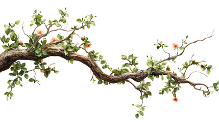 Thick Curved Branch with Young Spring Leaves Isolated on White background