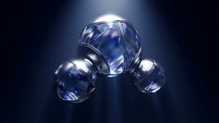 High-end futuristic 3D render of interconnected metallic glass spheres with reflective surfaces and soft blue highlights, floating on a dark background, symbolizing advanced technology, innovation.