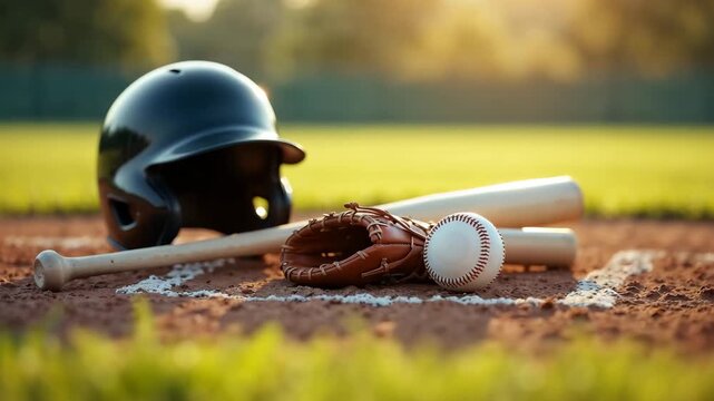Baseball equipment lying on the dirt field during sunset. Helmet, bat, glove, and ball arranged near a chalk line. Golden hour sports concept