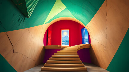 Obraz premium Vibrant staircase leads to colorful room with scenic view