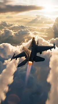 Vertical Video-F-16 Fighter Jet Flying Clouds - High Speed Aerial Contrails Golden Hour