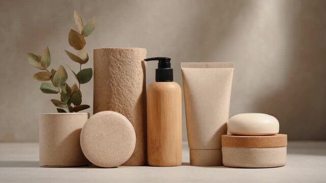 Medium shot of ecofriendly beauty packaging made from biobased materials highlighting sustainable luxury in cosmetics.