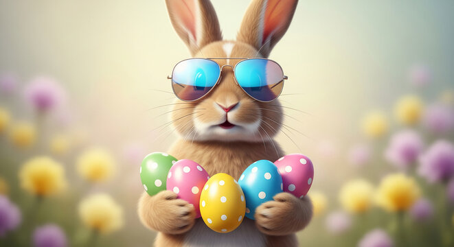 Furry rabbit with blue sunglasses holding colorful egg with polka dot, representative of holiday season, spring festival, and festive celebration