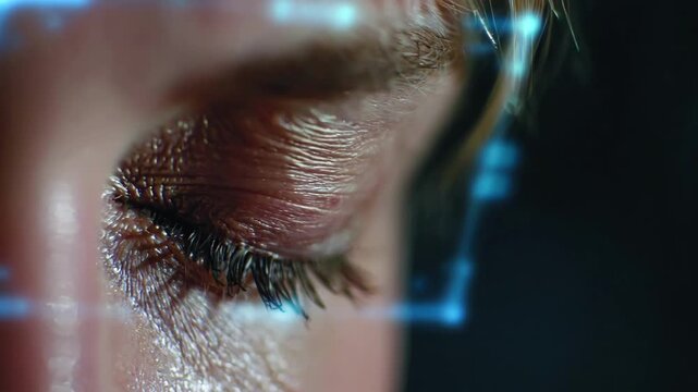 Medium shot of a person blinking as iris recognition technology scans their eye in a hightech security setting