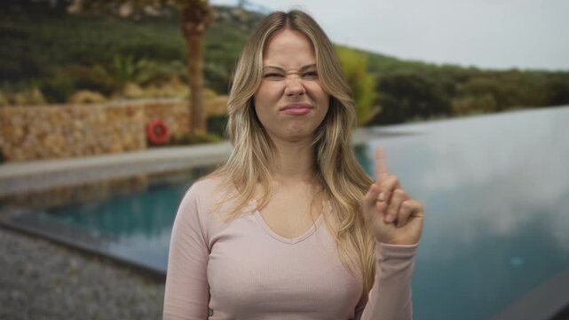 Woman with bare arms pointing index finger to sky at outdoor pool on a sunny day; warning disapproval caution.