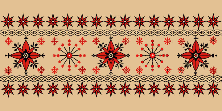 Seamless Ethnic Vector Pattern with Geometric Star and Flower Motifs., Traditional Folk Art Border Design in Red, Black, and Cream.