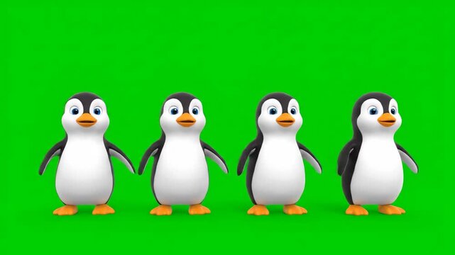 Four Animated Penguins Dancing on Green Screen