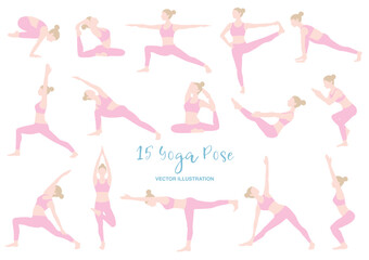 15種類のヨガポーズをする女性のイラスト
