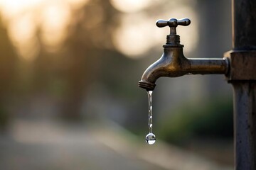Vintage tap with water droplet against blurred natural background