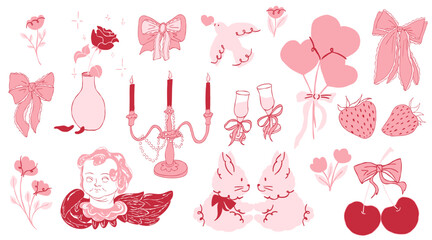 Valentine' Day vintage decorative elements set in doodle whimsical style with heart, bow, flower, rabbits, cherub, candelabra. Cute love symbols collection for cards, packaging, stickers, social media