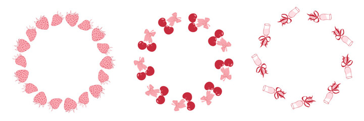 Circle frames set with vintage romantic strawberry, cherry, champagne glasses for Valentine's Day. Hand drawn wreath with copy space. Vector illustration for cards, invitations, packaging, branding