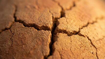 Fototapeta premium Macro close-up of cracked traditional terracotta surface, rough earthy texture, warm tones, soft directional light, shallow depth of field, high sharpness on cracks, realistic material detail.
