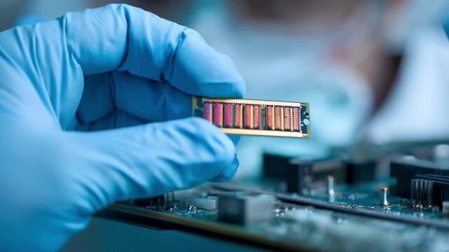 Specialist conducting delicate cleaning and testing on a corrupted SDRAM chip to restore data integrity in a controlled electronic repair setting.