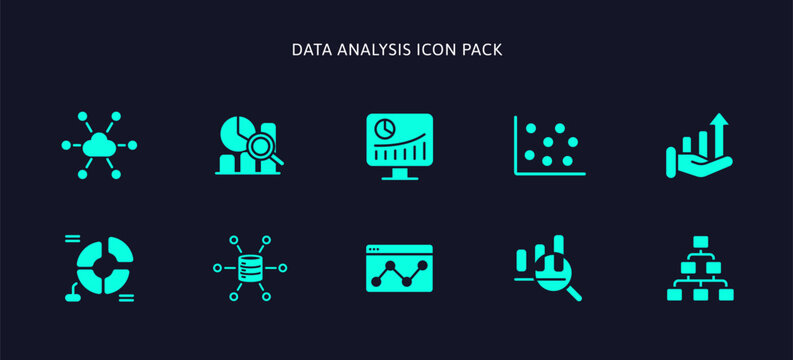 Minimal icon set of data analysis icons vectors: Analyst diagram , analytics research chart , analyze statistic , cloud computing network, AI algorithm workflow , improvement graph. UX process icon.