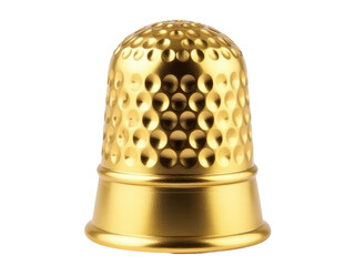 A single golden thimble sitting on a plain white surface