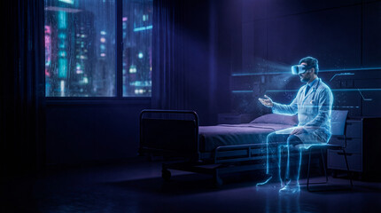 Glowing digital projection of a doctor sitting in a chair in a gloomy bedroom with rain on the window. Future telemedicine concept.